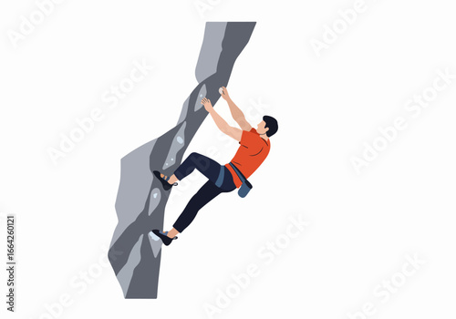 Rock climber ascending steep cliff with transparent background