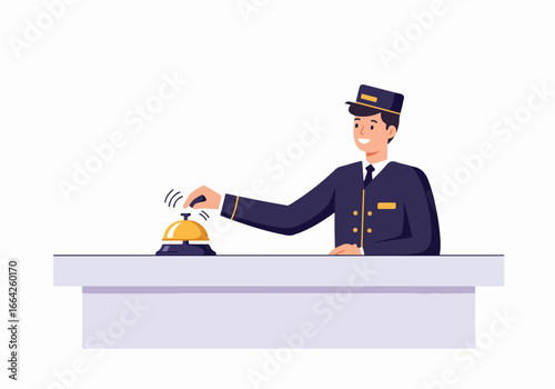 Hotel receptionist ringing bell for service