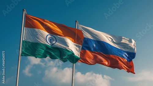 Flags of india and russia waving together outdoor location photography sunny sky national unity concept