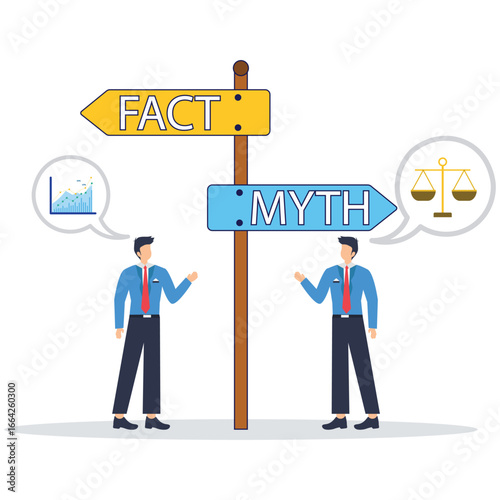 Decision-making concept: Fact vs Myth, business professionals analyze and choose options for success