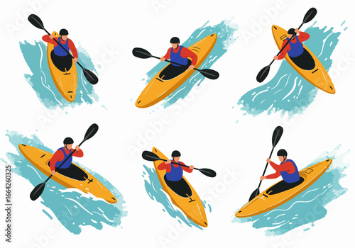 Kayakers paddling on water, top view
