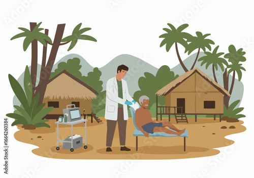 Doctor examining patient in tropical rural setting