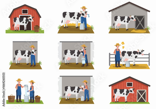 Farmer milking cows in barnyard scenes