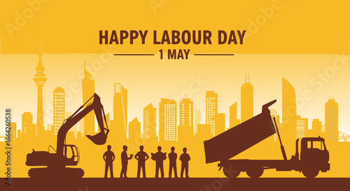 Industrial celebration banner featuring a construction crew and heavy equipment silhouettes against a city skyline, a tribute to the global workforce