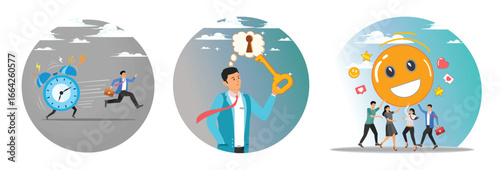 Late, hurry to go to work. Discover key to solution solving problem. Employee satisfaction.