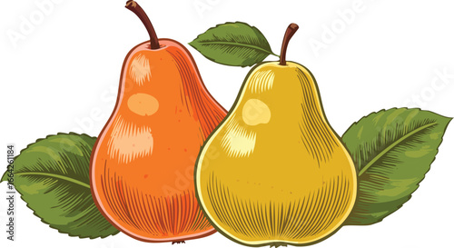 Orange and yellow pears with leaves fruit green leaves