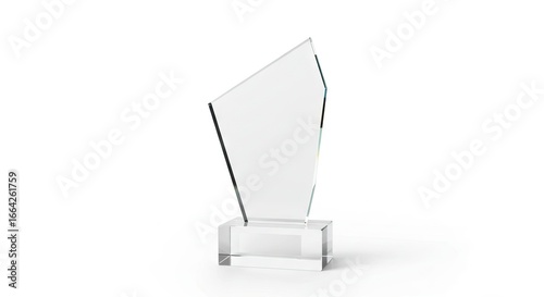 Clear glass award with angular top on rectangular base casting shadow on white background