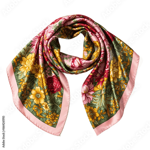 Floral patterned scarf draped against a neutral background