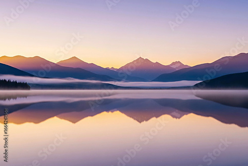 Tranquil Mountain Vista: Capture the serene beauty of a mountain range mirrored in a calm lake during a picturesque sunset. A moment of pure tranquility and natural elegance.