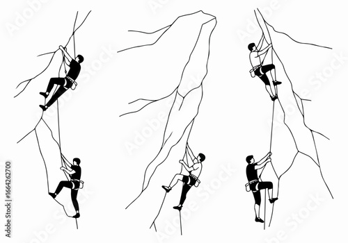 Rock climbers ascending steep cliffs with transparent background