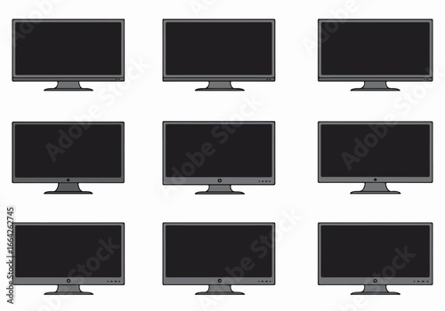 Nine computer monitors arranged in a grid