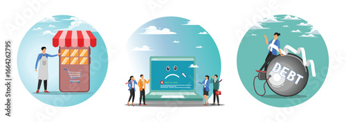 Online shop or e-commerce store concept. Computer outage. Debt problem.