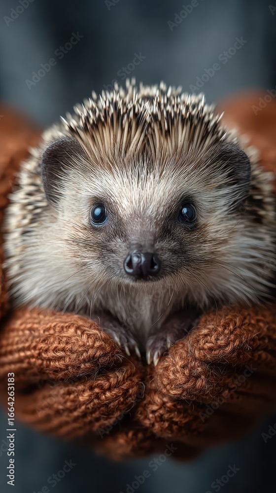 Fototapeta premium Hedgehog resting comfortably in warm hands on a cool day in a cozy indoor setting