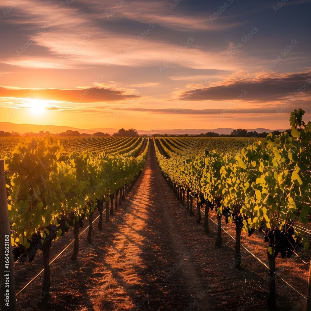 Fototapeta premium Warm sunlight paints the vineyard rows at sunset, creating a sense of tranquility and natural beauty,