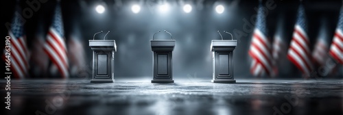 Empty debate stage prepared for candidates, featuring podiums and American flags, set in a dimly lit venue
