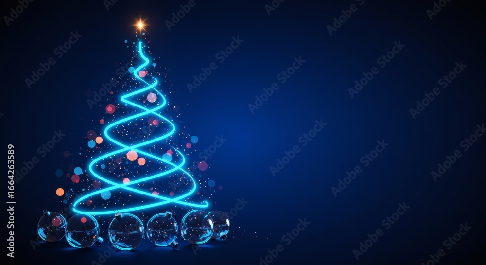 A neon blue Christmas tree with colorful lights. A neon blue Christmas tree with colorful lights.