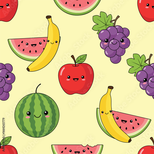 Seamless Pattern, Seamless pattern featuring adorable cartoon fruits with happy expressions and vibrant colors Stock royalty free.