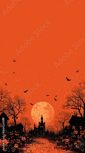 Eerie Halloween night with silhouetted houses and a full moon in an orange sky