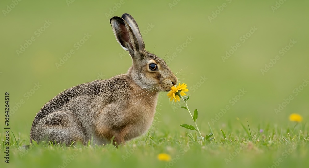 Fototapeta premium Hare Eating Flower in Meadow.