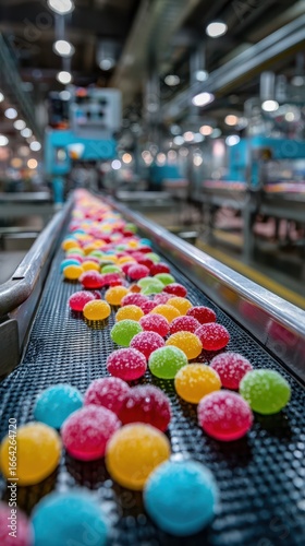 Colorful candy pieces moving along a conveyor belt in a busy factory setting during daylight
