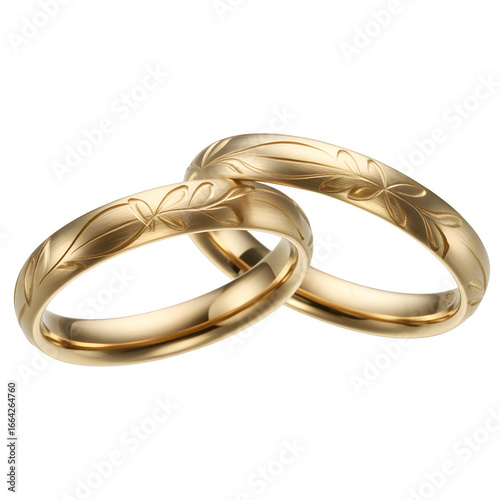 Elegant Gold Wedding Rings with Floral Engraving Isolated on Transparent Background
