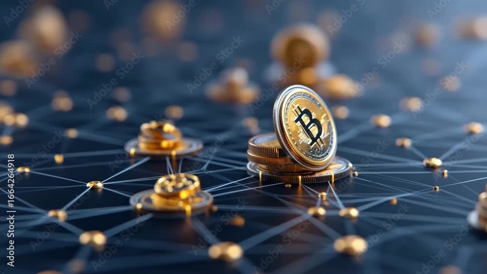 Golden bitcoin coin digital currency blockchain network futuristic financial technology glowing connection investment concept cryptocurrency bitcoin