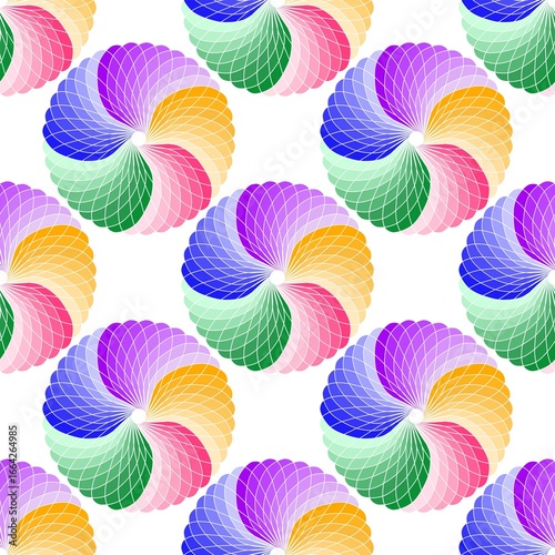 Seamless abstract geometric spiral pattern. Brightly colored circle shapes in rainbow tones. Modern and vibrant design. Perfect for digital backgrounds, textile prints, wallpapers, gift wrapping paper