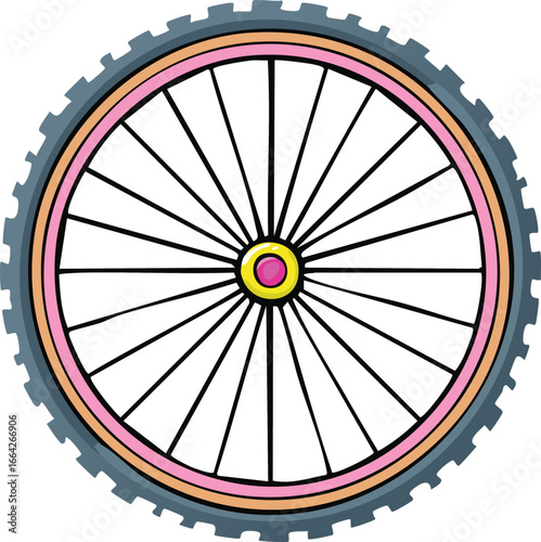 A colorful, cartoon-style bicycle wheel illustration, showcasing its spokes and tire design.