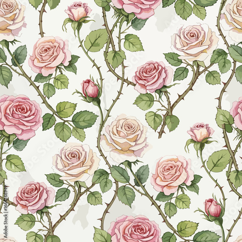 Seamless Pattern, Seamless pattern of climbing roses with thorns and leaves in watercolor style Stock royalty free.