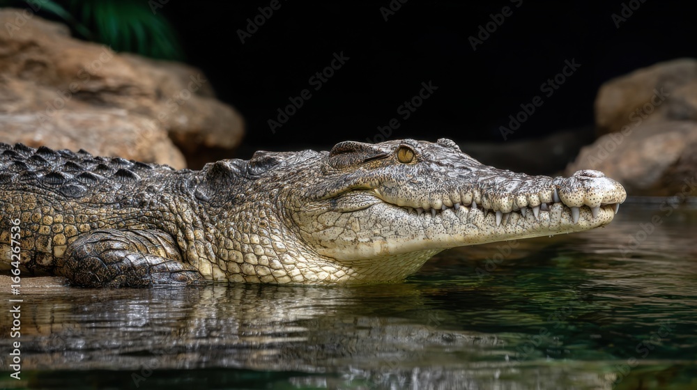 Obraz premium Close-Up of a Crocodile Lying on a Rock by a Still Water Surface