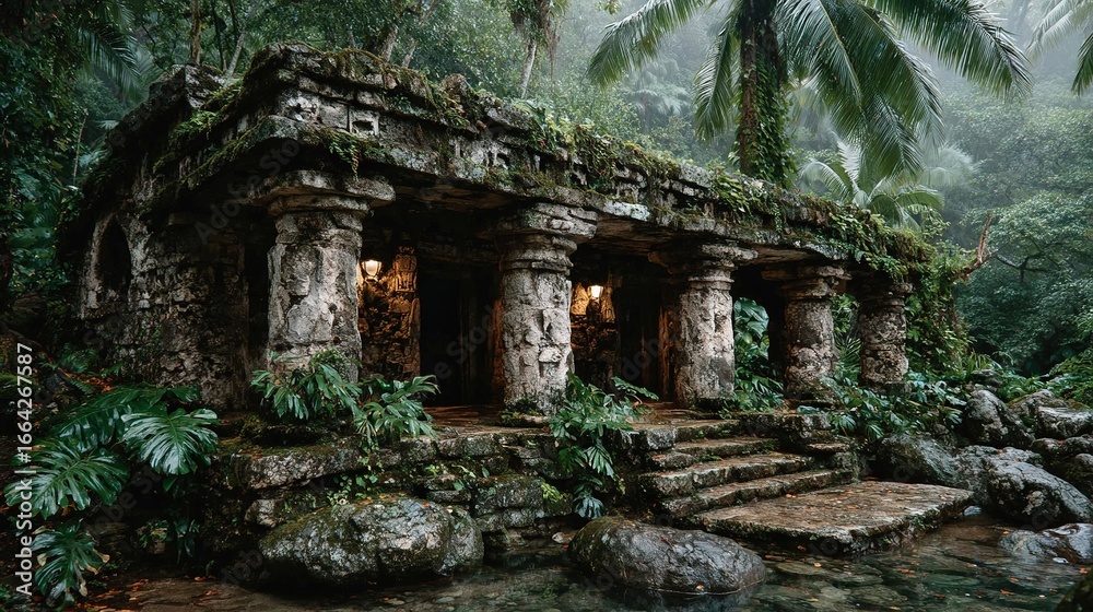 Fototapeta premium A picture of a house surrounded by a jungle with climbing stairs and a waterfall in the foreground