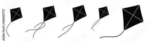 Illustration of five kites in various positions, showcasing the dynamics of flight and movement, perfect for illustrating outdoor activities and