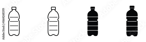 Illustration of plastic water bottles in varying states of fullness, showcasing different levels of liquid content and their simple, minimalist design
