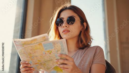 Woman with a Map: A young woman in sunglasses, lost in thought as she studies a detailed map. Capturing the spirit of adventure and exploration, travel and a journey.