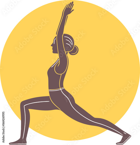 Silhouette of woman in crescent lunge yoga pose with arms raised anjaneyasana
