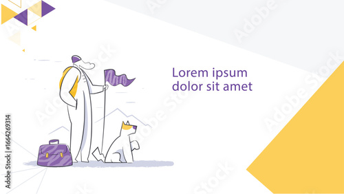 Leader with Flag and Dog Illustration – Business Journey, Exploration and Achievement