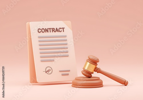 3D Render of a Contract Document with Gavel on a Peach Background representing Legal Agreement