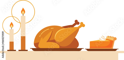 Thanksgiving dinner with turkey pie and candles art