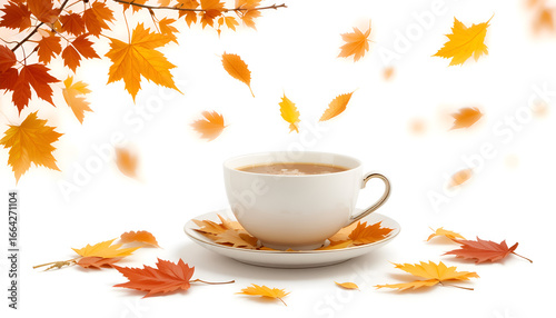 Cozy autumn vibes with warm coffee and falling leaves, perfect for seasonal designs and comforting promotions