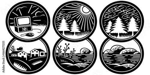 Six circular nature scenes depicting technology, sunlit trees, cloudy trees, houses, and rocky landscapes