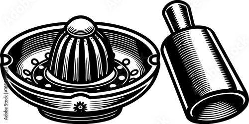 Illustration of a citrus juicer with a reamer and a pestle in black and white style art