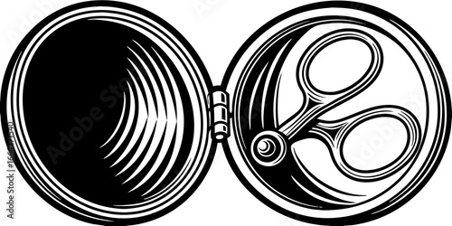 Open round compact mirror case with scissors inside in a black and white vector design style image