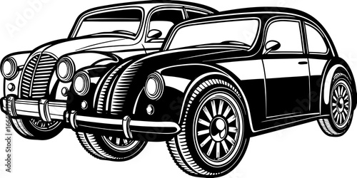 Two vintage cars in black and white with detailed lines and shading parked closely together in a row