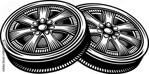 Illustration of two stylized black and white car wheels with intricate spoke designs and detailed rims
