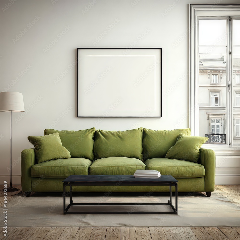 Fototapeta premium Modern Green Sofa In Empty Living Room With Blank Frame