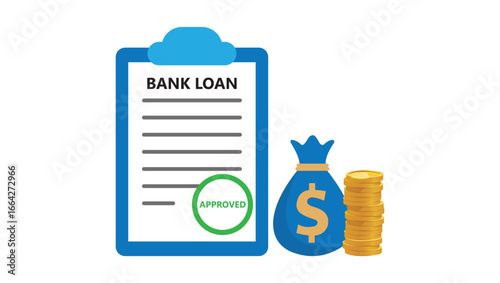 Vector illustration of bank loan approval with file folder, stamp, and money bag. Suitable for banking, credit companies, and loan providers.
