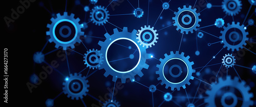 Blue glowing mechanical gears and cogs abstract technology background with digital light effects for business innovation concepts
