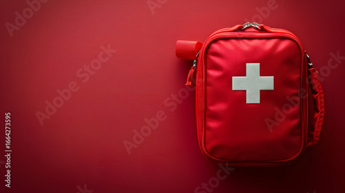 Red and white first aid kit with a medical cross symbol on a white background for healthcare emergencies