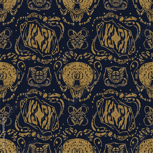 Seamless Pattern, Seamless pattern of stylized animals and objects in a dark blue and gold color scheme Stock royalty free  image.