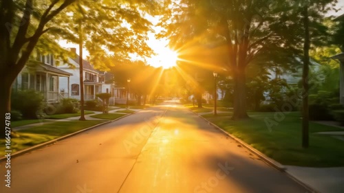 Sunburst down tree-lined street, casting shadows on lawns, houses blurred in distance